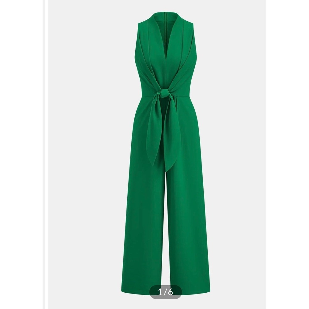Commense Green Sleeveless Wide Leg Tie Waist Jumpsuit V-Neck Pleated Large NEW